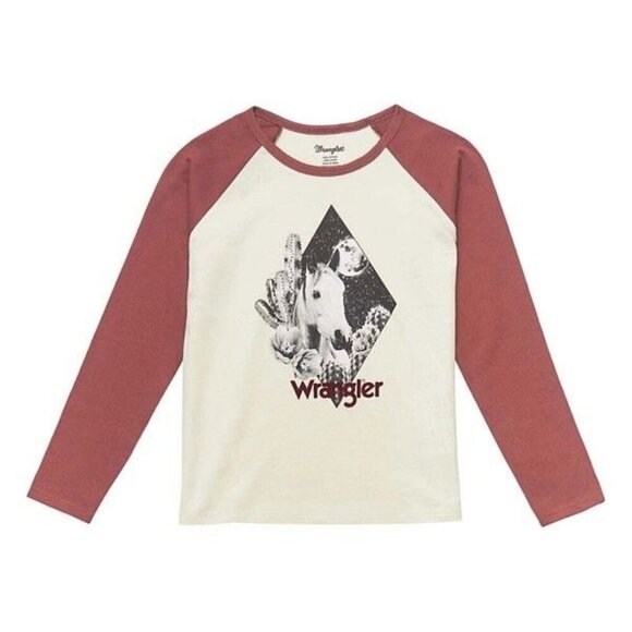 Wrangler Girl's Long Sleeve Desert Graphic Baseball T-Shirt Cream/Burgundy - Picture 1 of 3